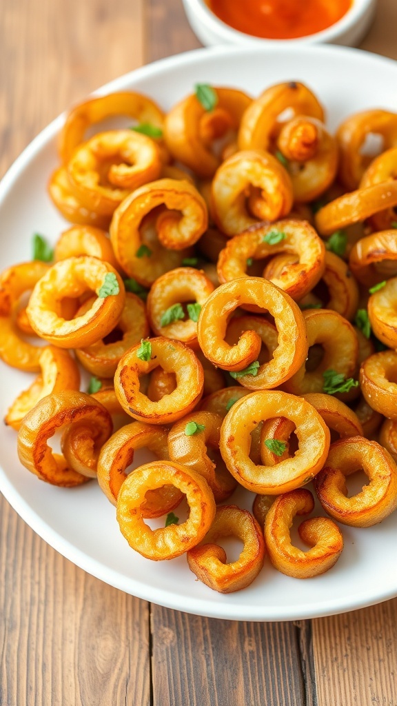 Crispy Air Fryer Spiral Potatoes Recipe Crispy spiral potatoes on a plate, garnished with herbs, served with a dipping sauce.